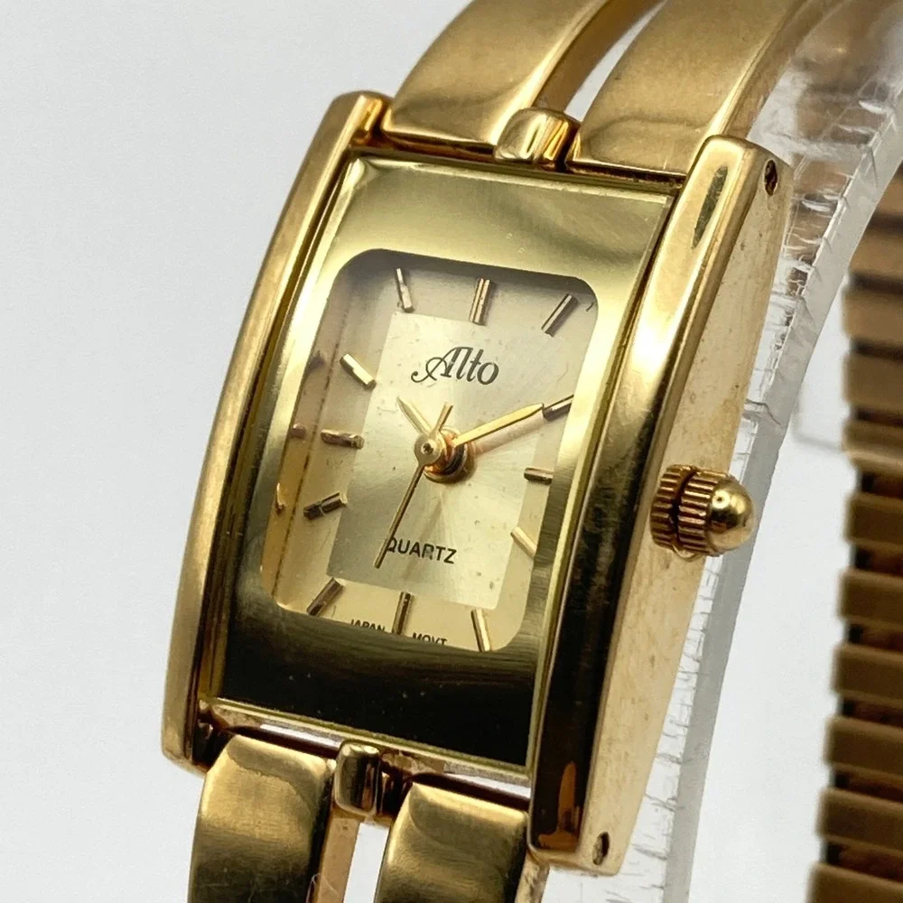 Vintage Alto Womens Watch Gold Tone 19mm Stretch Band Tank New Battery SMALL 6